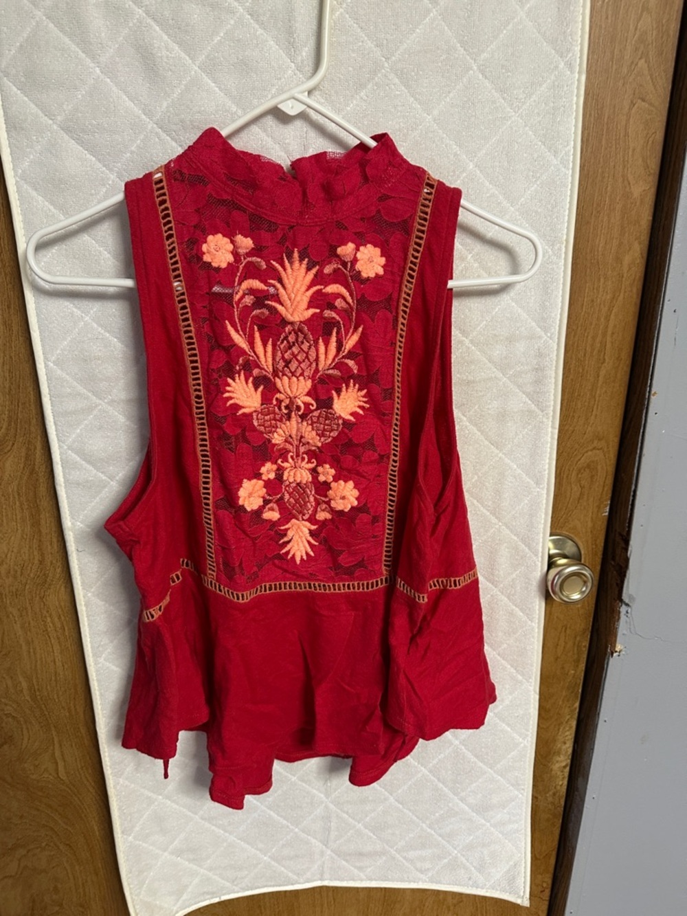 Free People Red Sleeveless Embroidered High-Neck Tank